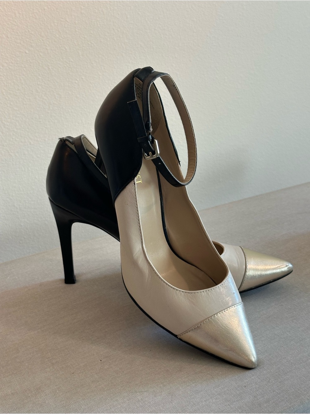 Nine West Two-Tone Black and Cream Pointed-Toe Ankle-Strap Heels - SIZE 8 1/2